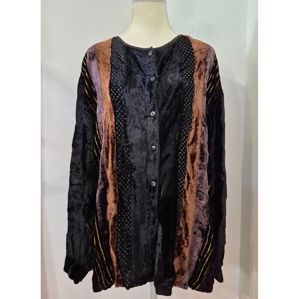 VTG M Velvet Patchwork Button Down Top Oversized Whimsigoth Fairy Grunge Artsy